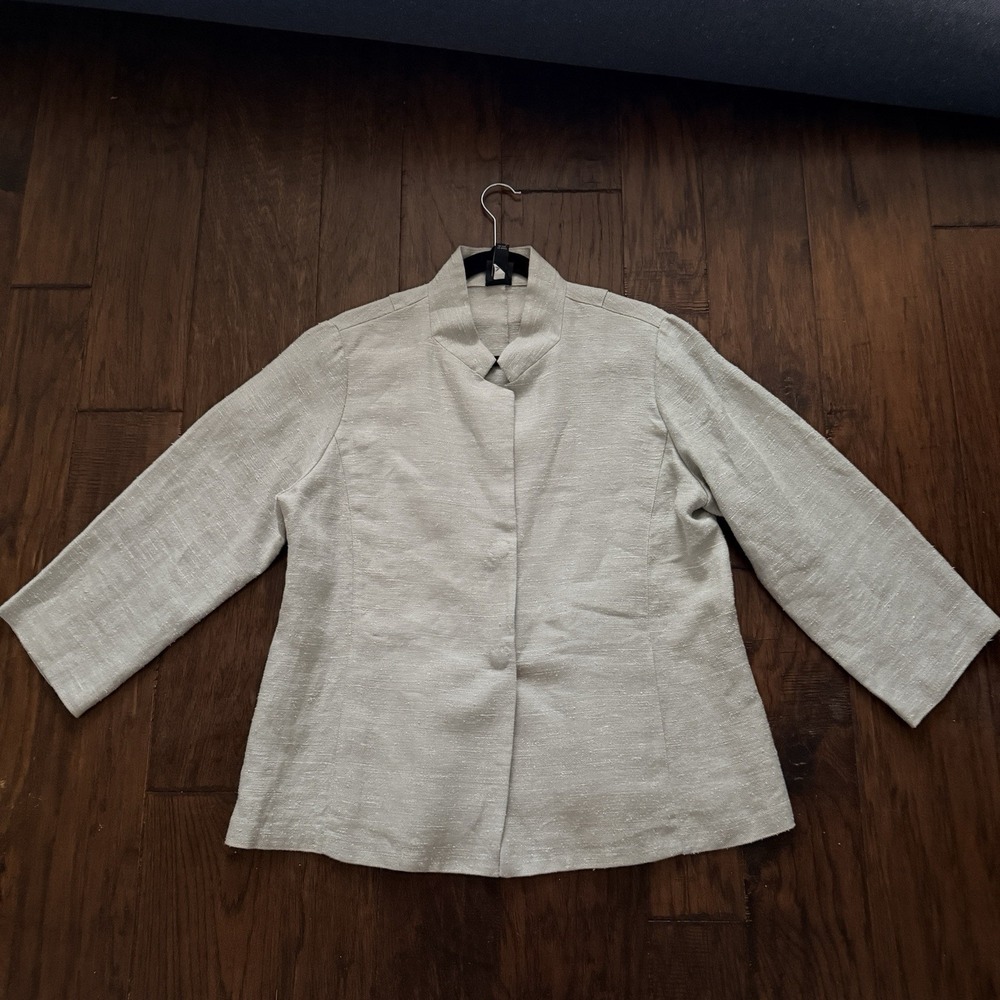 Eileen Fisher Women L Rustic Linen Silk Jacket Sage Green Mandarin Collar